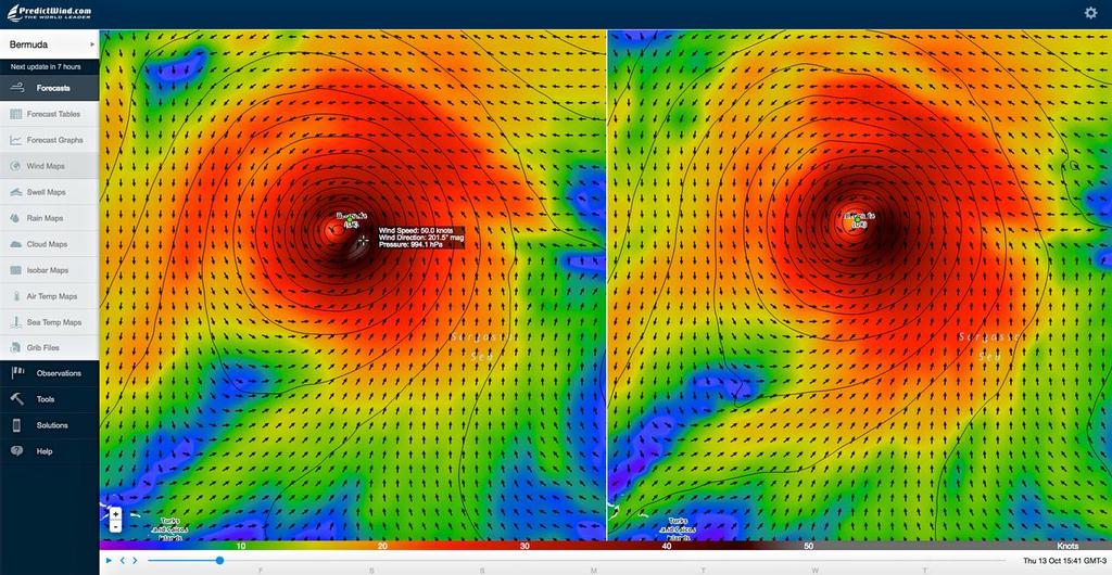 Bermuda - Hurricane Nicole - October 13, 2016 - show winds abating slightly when the hurricane reaches Bermuda, © PredictWind